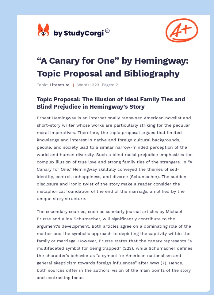 “A Canary for One” by Hemingway: Topic Proposal and Bibliography. Page 1