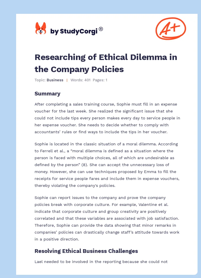 Researching of Ethical Dilemma in the Company Policies. Page 1