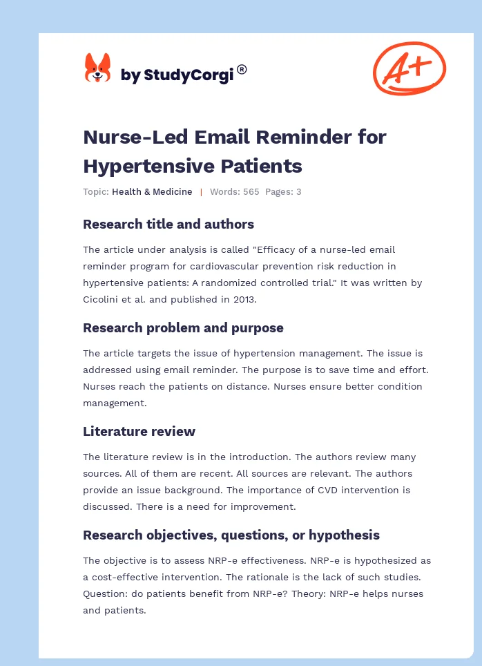 Nurse-Led Email Reminder for Hypertensive Patients. Page 1