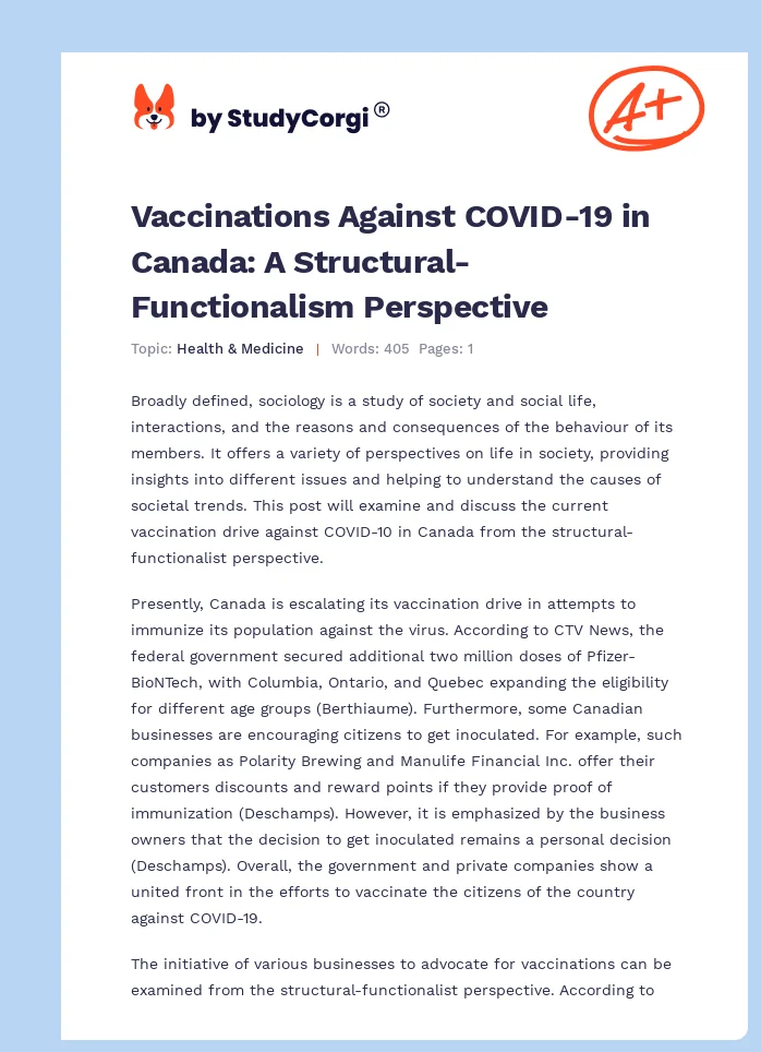 Vaccinations Against COVID-19 in Canada: A Structural-Functionalism Perspective. Page 1
