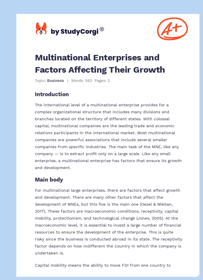 Multinational Enterprises and Factors Affecting Their Growth. Page 1