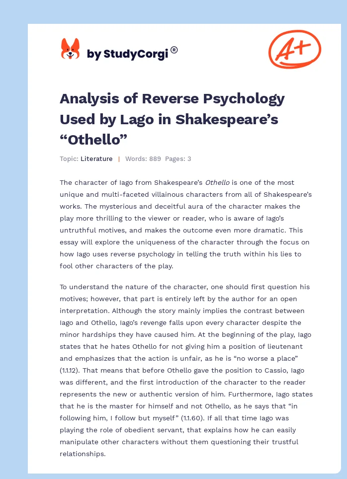 Analysis of Reverse Psychology Used by Lago in Shakespeare’s “Othello”. Page 1