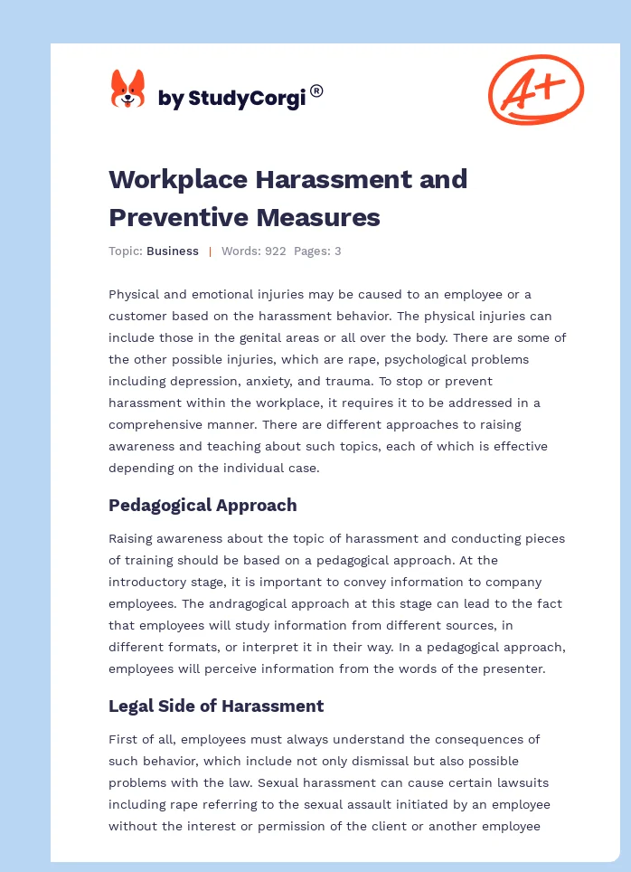 Workplace Harassment and Preventive Measures. Page 1