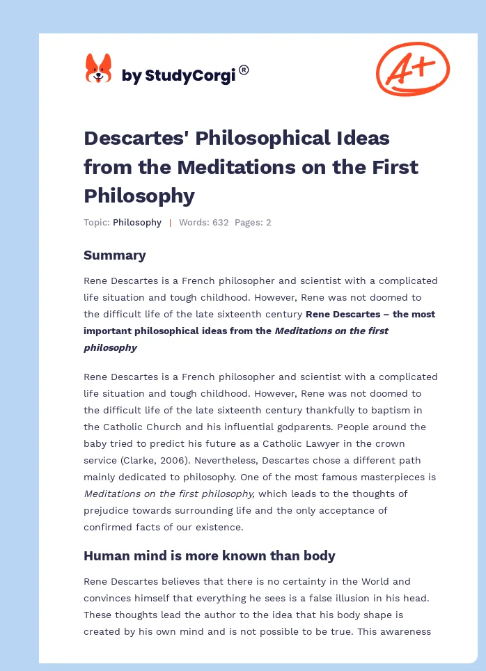 Descartes' Philosophical Ideas from the Meditations on the First Philosophy. Page 1