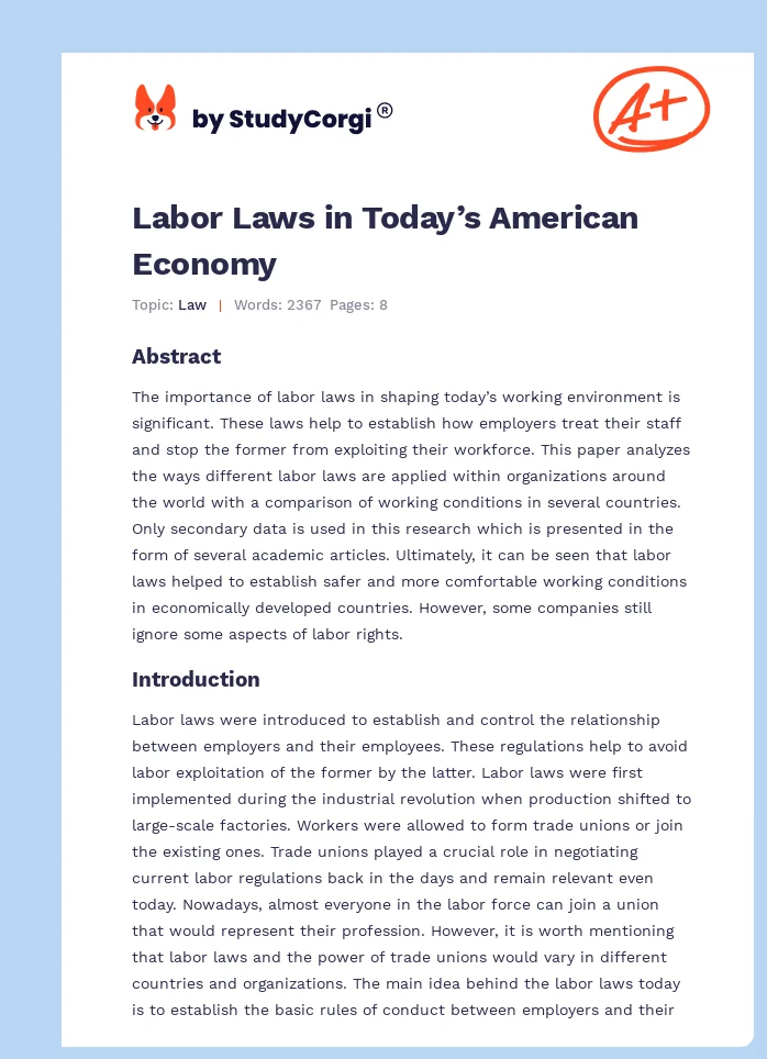 Labor Laws in Today’s American Economy. Page 1