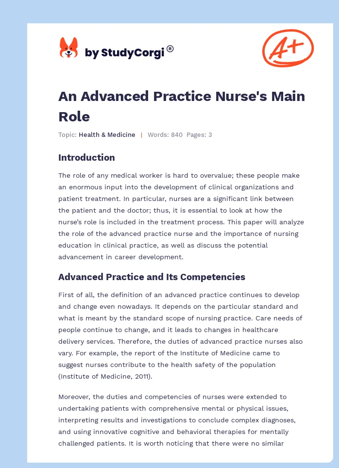An Advanced Practice Nurse's Main Role. Page 1