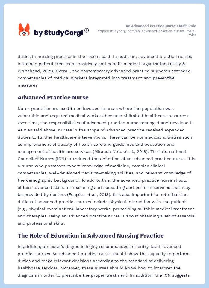 An Advanced Practice Nurse's Main Role. Page 2