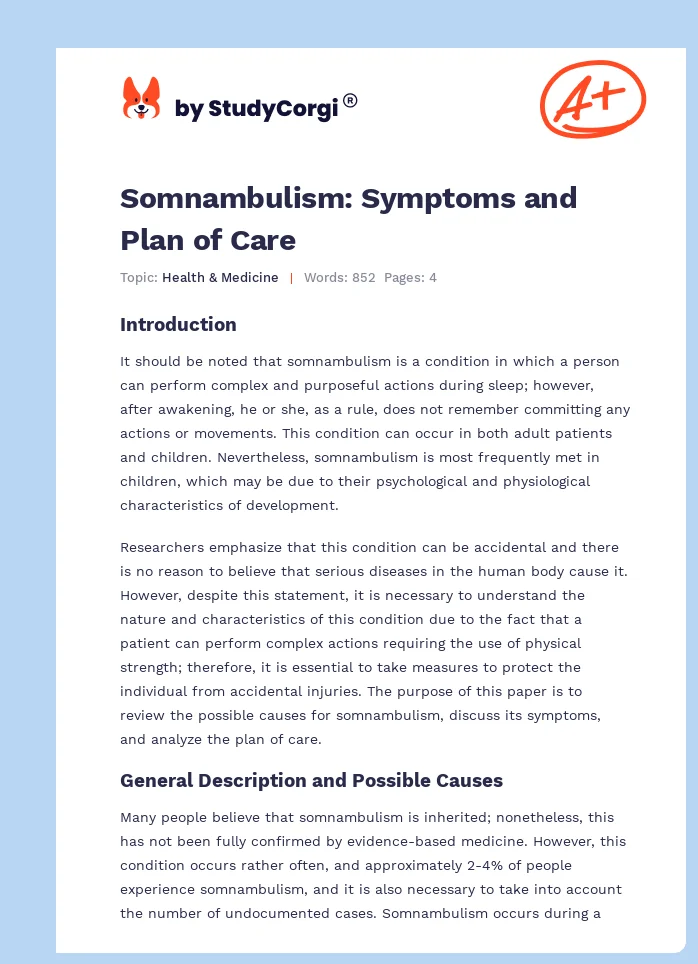 Somnambulism: Symptoms and Plan of Care. Page 1