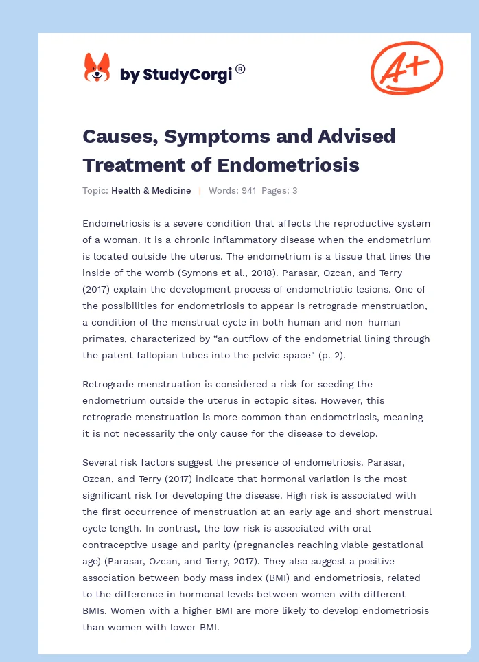 Causes, Symptoms and Advised Treatment of Endometriosis. Page 1