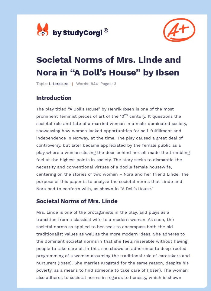 Societal Norms of Mrs. Linde and Nora in “A Doll’s House” by Ibsen. Page 1