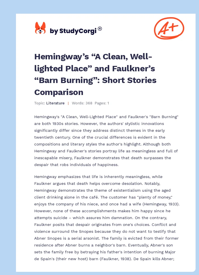 Hemingway’s “A Clean, Well-lighted Place” and Faulkner’s “Barn Burning”: Short Stories Comparison. Page 1