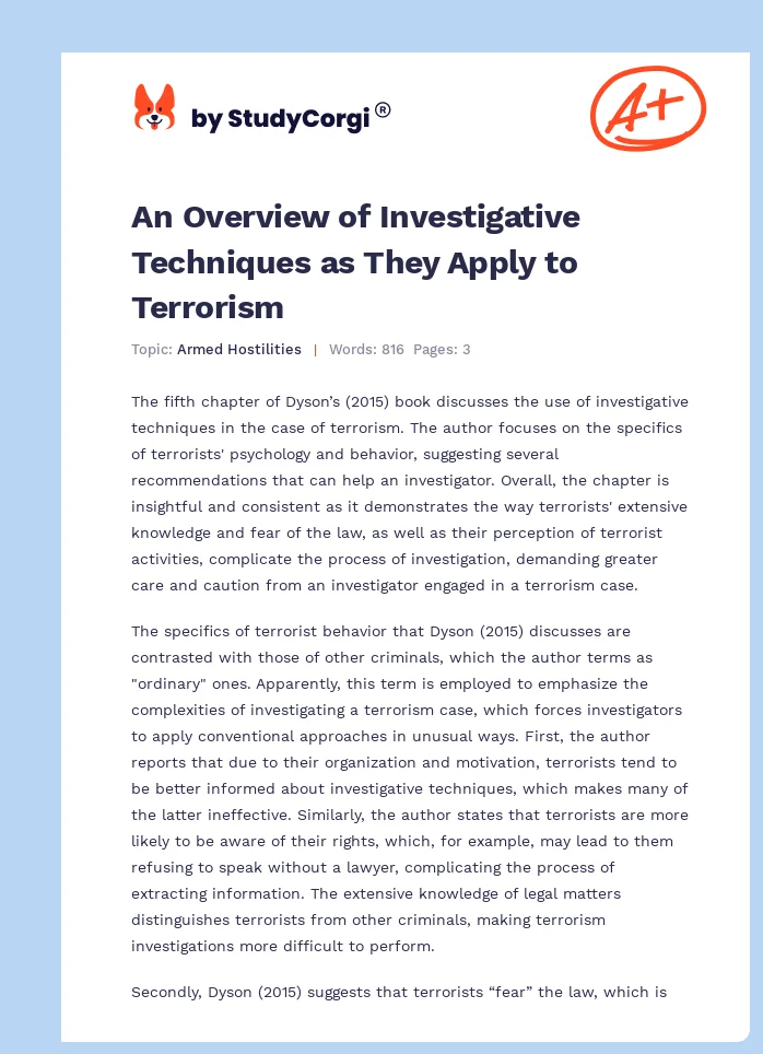 An Overview of Investigative Techniques as They Apply to Terrorism. Page 1
