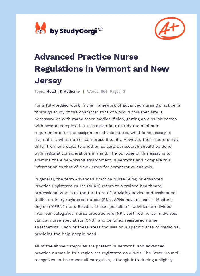 Advanced Practice Nurse Regulations in Vermont and New Jersey. Page 1