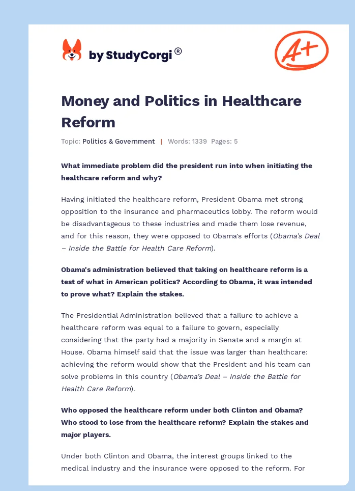 Money and Politics in Healthcare Reform. Page 1