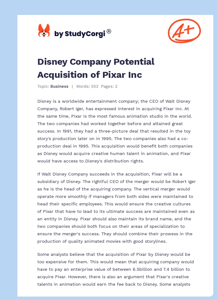 Disney Company Potential Acquisition of Pixar Inc. Page 1