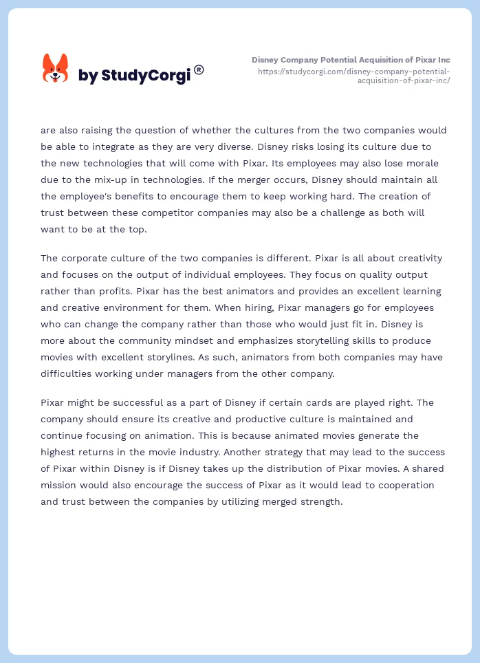 Disney Company Potential Acquisition of Pixar Inc. Page 2