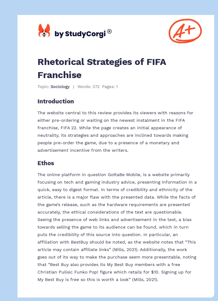 Rhetorical Strategies of FIFA Franchise. Page 1