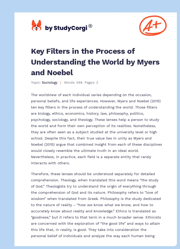Key Filters in the Process of Understanding the World by Myers and Noebel. Page 1