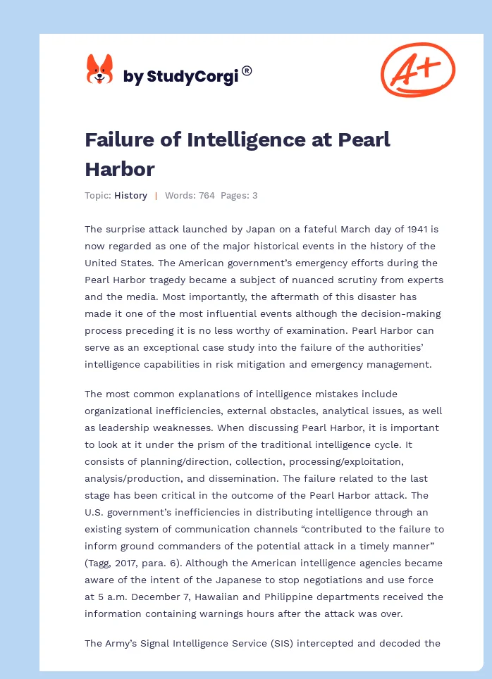 Failure of Intelligence at Pearl Harbor. Page 1