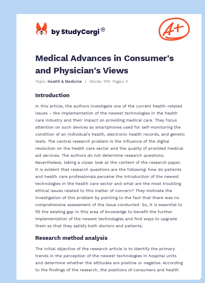 Medical Advances in Consumer's and Physician's Views. Page 1