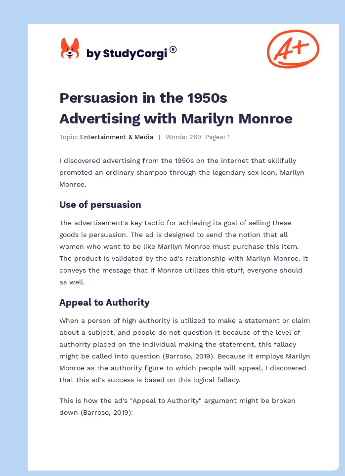 Persuasion in the 1950s Advertising with Marilyn Monroe. Page 1