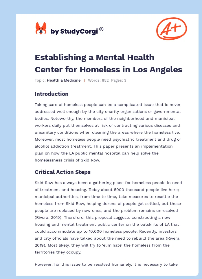Establishing a Mental Health Center for Homeless in Los Angeles. Page 1