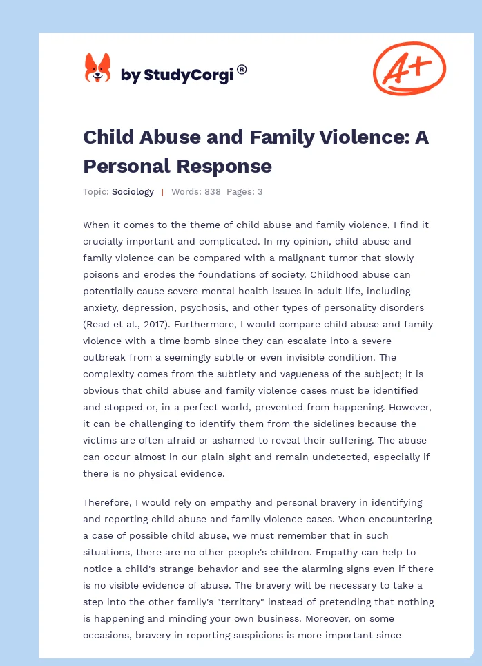 Child Abuse and Family Violence: A Personal Response. Page 1
