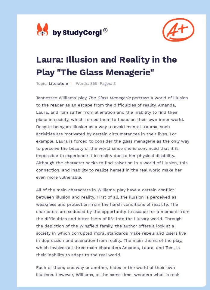 Laura: Illusion and Reality in the Play "The Glass Menagerie". Page 1