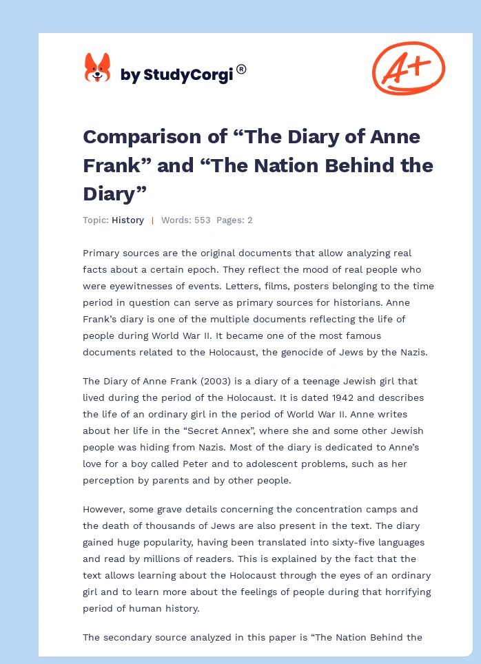 Comparison of “The Diary of Anne Frank” and “The Nation Behind the Diary”. Page 1
