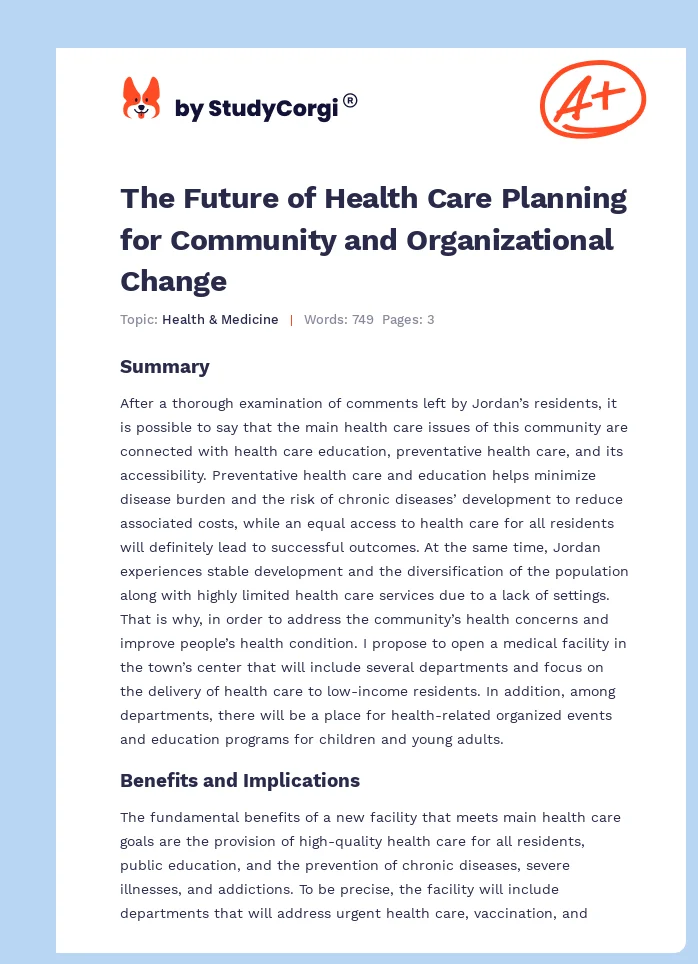 The Future of Health Care Planning for Community and Organizational Change. Page 1
