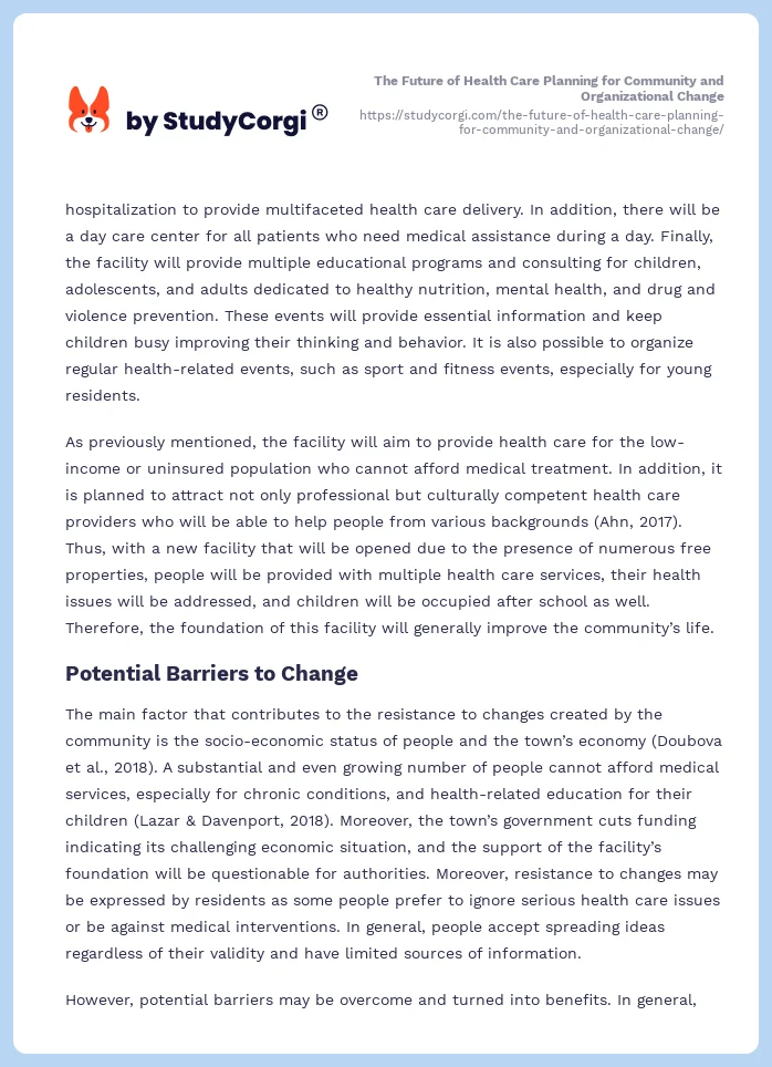 The Future of Health Care Planning for Community and Organizational Change. Page 2