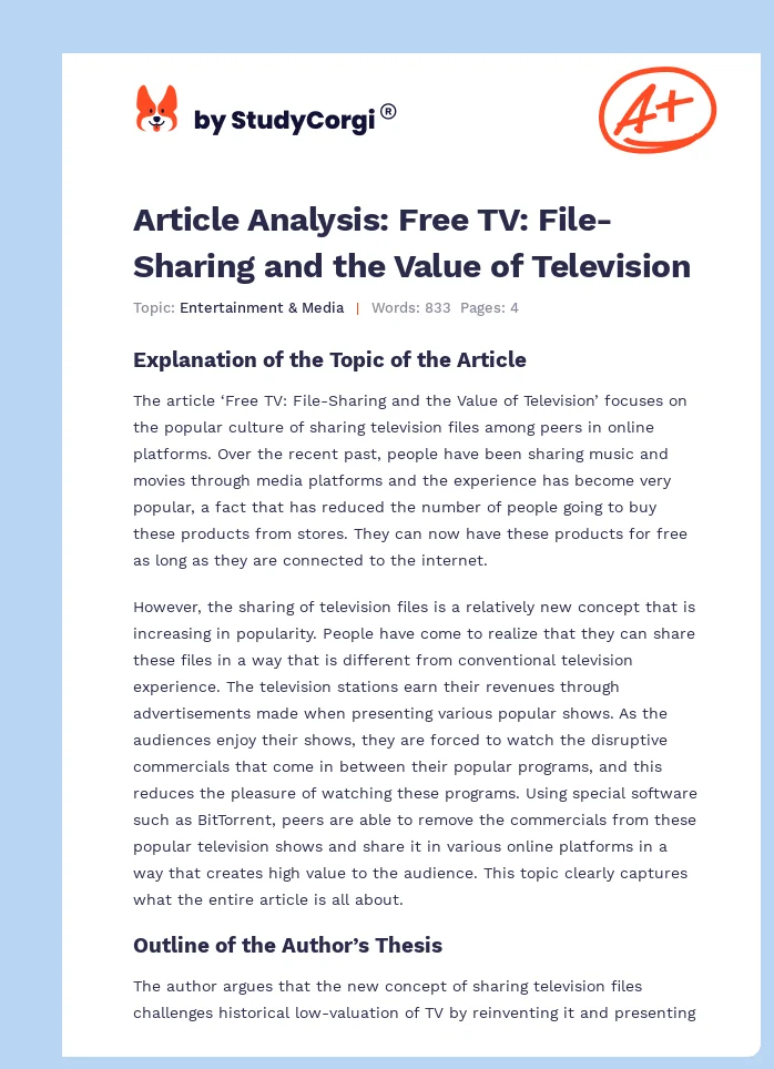 Article Analysis: Free TV: File-Sharing and the Value of Television. Page 1