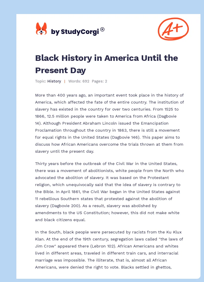Black History in America Until the Present Day. Page 1