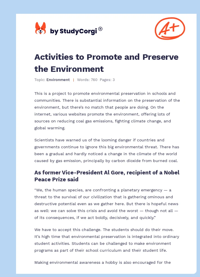 Activities to Promote and Preserve the Environment. Page 1