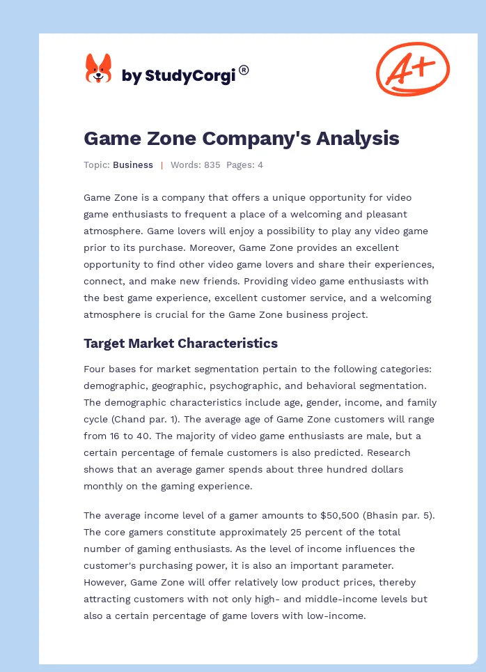 Game Zone Company's Analysis. Page 1