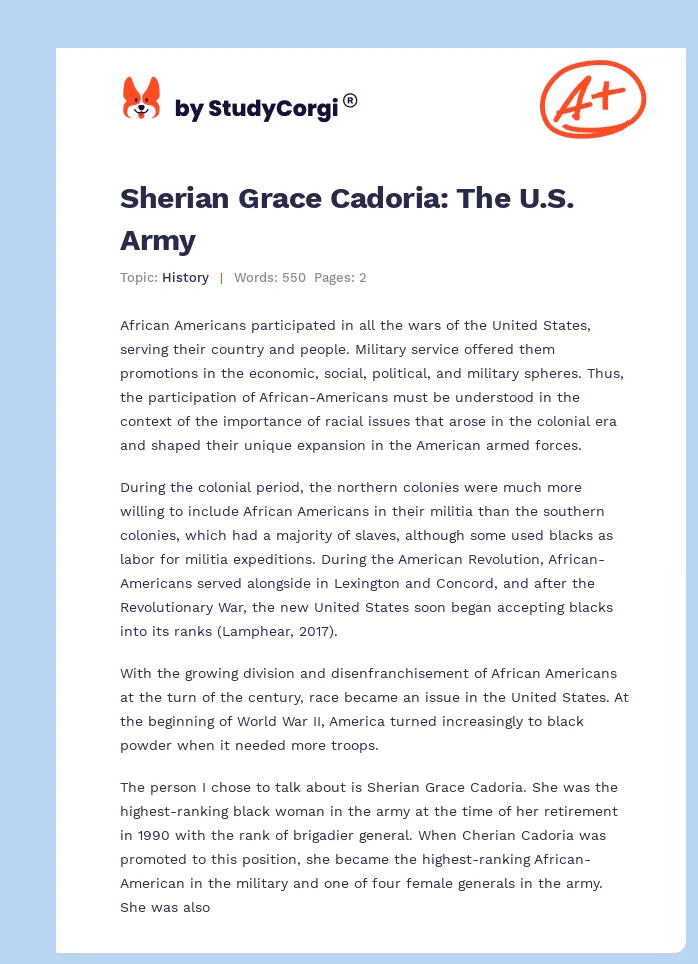 Sherian Grace Cadoria: The U.S. Army. Page 1