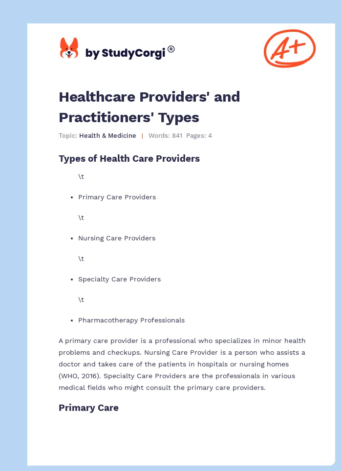 Healthcare Providers' and Practitioners' Types. Page 1