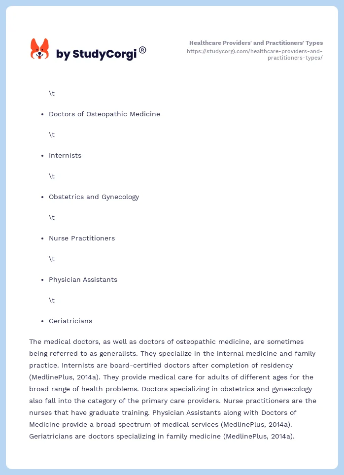 Healthcare Providers' and Practitioners' Types. Page 2