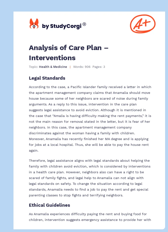 Analysis of Care Plan – Interventions. Page 1