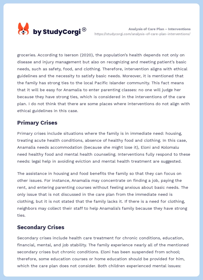 Analysis of Care Plan – Interventions. Page 2