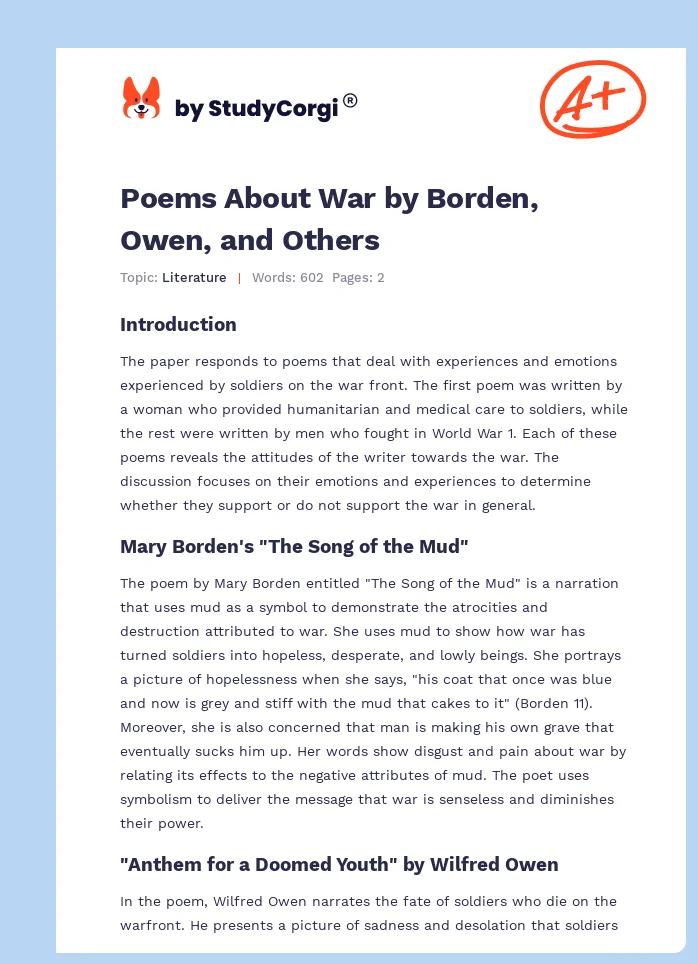 Poems About War by Borden, Owen, and Others. Page 1