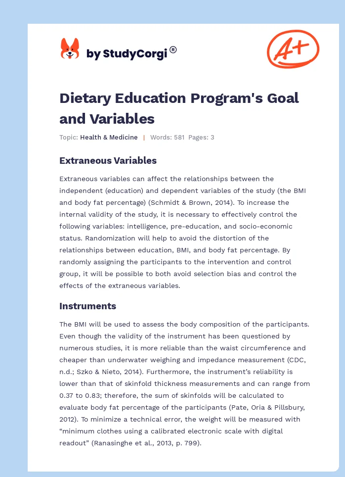Dietary Education Program's Goal and Variables. Page 1