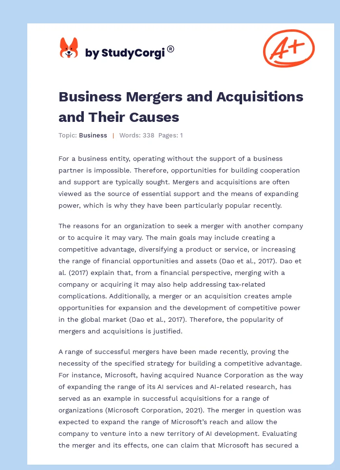 Business Mergers and Acquisitions and Their Causes. Page 1