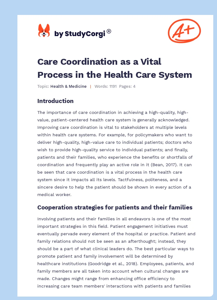 Care Coordination as a Vital Process in the Health Care System. Page 1