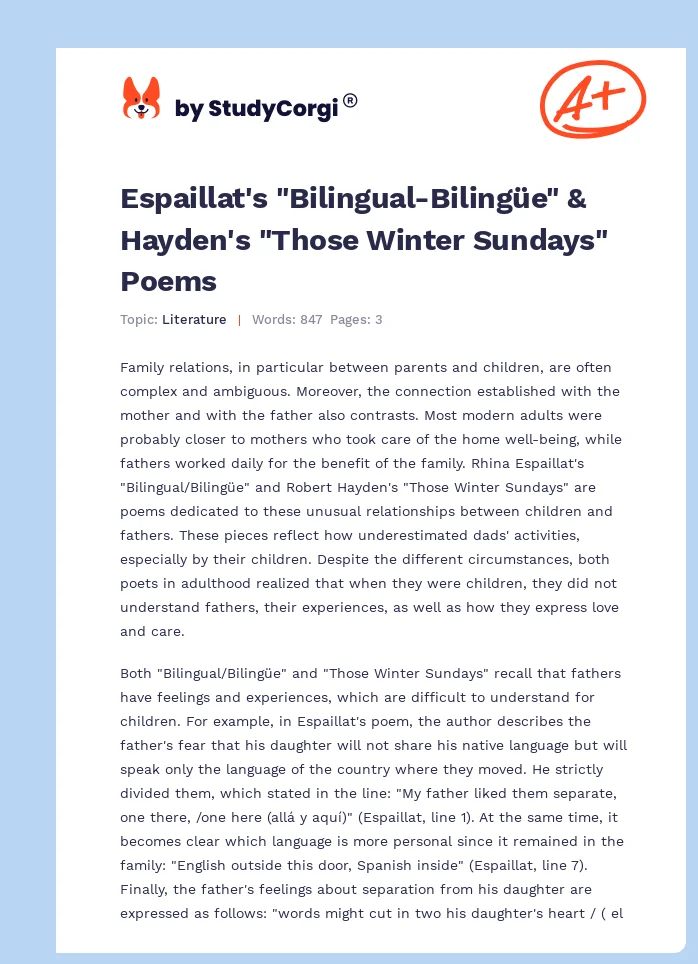 Espaillat's "Bilingual-Bilingüe" & Hayden's "Those Winter Sundays" Poems. Page 1