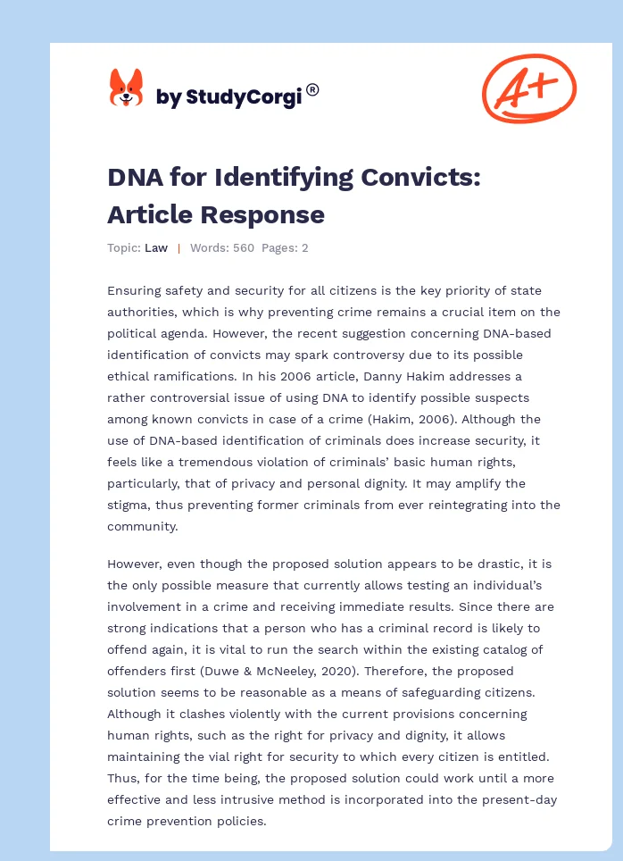 DNA for Identifying Convicts: Article Response. Page 1