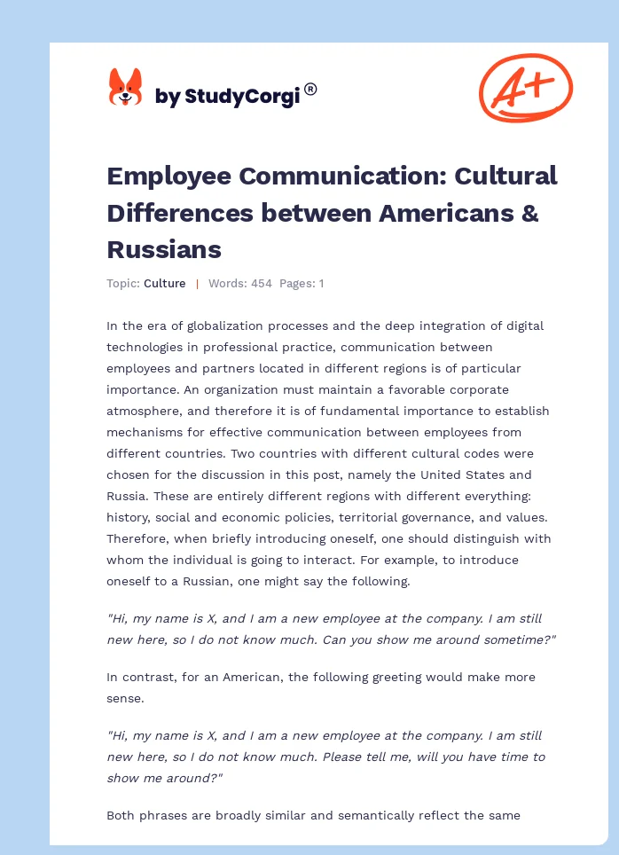 Employee Communication: Cultural Differences between Americans & Russians. Page 1