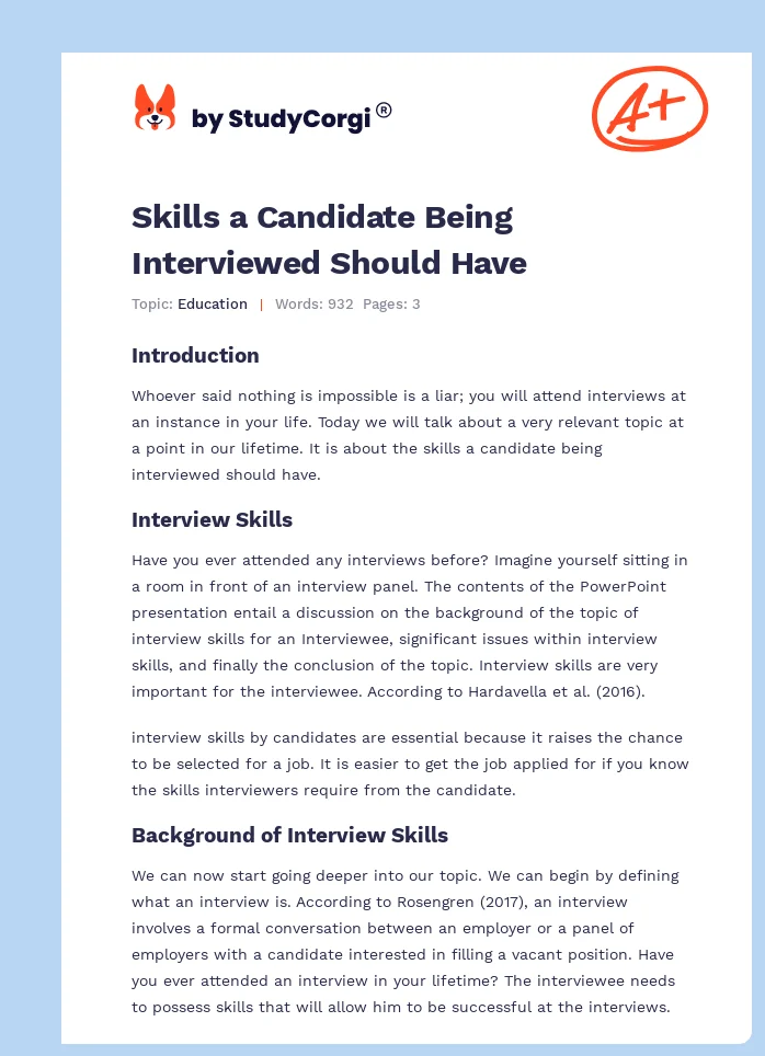 Skills a Candidate Being Interviewed Should Have. Page 1