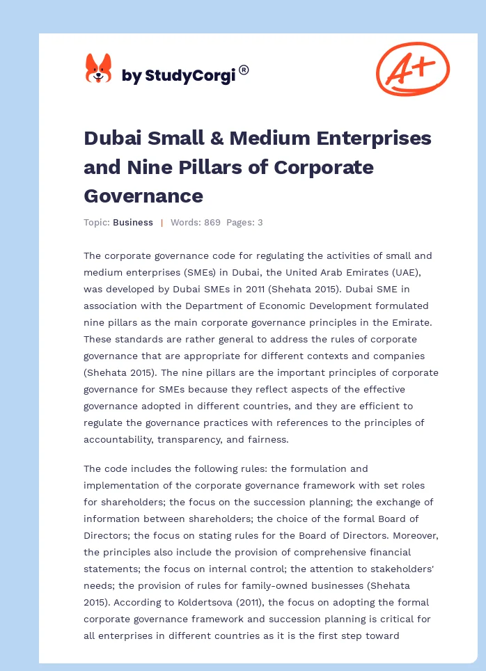 Dubai Small & Medium Enterprises and Nine Pillars of Corporate Governance. Page 1