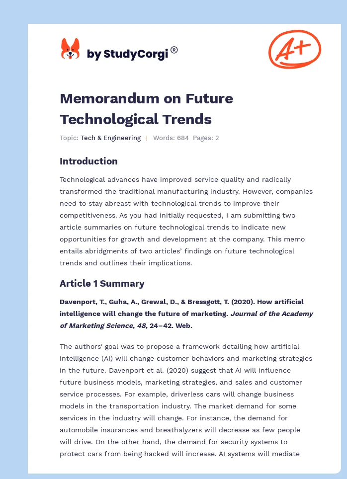 Memorandum on Future Technological Trends. Page 1